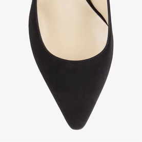 Jimmy Choo black suede pointed-toe pump, close-up of toe box showing sleek silhouette and cream leather lining