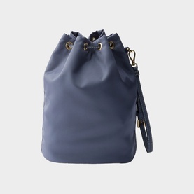 Prada Accessories blue leather bucket bag with gold-tone hardware, drawstring closure, and detachable wrist strap