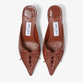 Jimmy Choo red croc-embossed leather pointed-toe mules with lace-up bow detail and kitten heel, overhead flat lay view