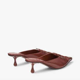 Jimmy Choo red croc-effect leather mules with pointed toe, double strap detail and sculptural kitten heel, back three-quarter view
