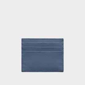 Steel blue saffiano leather card holder with multiple card slots, flat profile, and clean minimal finish.