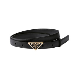 Prada black leather slim belt with gold-tone triangular logo buckle, punched hole detail, coiled presentation
