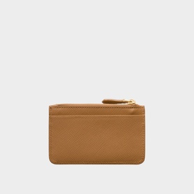 Tan saffiano leather card holder with gold-tone zip detail and card slots, flat rectangular silhouette