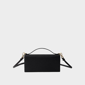 Black rectangular structured bag with top handle, gold-tone hardware, and detachable crossbody strap, rear view