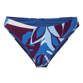 Sea Level Bikini Bottom in Denim Blue with bold tropical leaf print, burgundy and sky blue colourway, classic cut with fold-over waistband detail.