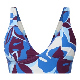 Sea Level Bikini Top in Denim Blue with bold tropical floral print, V-neckline, and wide shoulder straps
