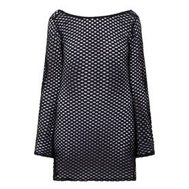 Sea Level black mesh knit cover up with wide boat neckline, long flared sleeves and open crochet-style weave throughout.