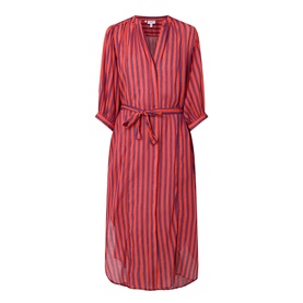 Sea Level Vacay Boho Striped Shirt Dress in Spice Red, V-neckline, three-quarter balloon sleeves, removable belt, midi length