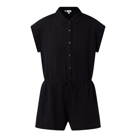 Sea Level Sunset Textured Playsuit in black. Shirt collar, cap sleeves, half-button placket, drawstring elasticated waist, shorts length.