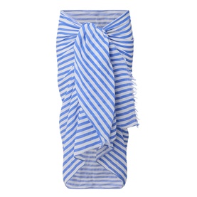 Sea Level Vacay Striped Sarong in chambray blue and white stripes, knotted wrap style with frayed edges, lightweight cotton