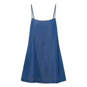 Sea Level Denim Surf Mini Shift Dress in mid-wash denim with narrow adjustable straps, straight neckline, and flared skirt