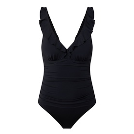 Sea Level Essentials Edit Frill One-Piece Swimsuit in black with V-neckline, soft frill detailing, and front ruching
