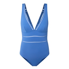 Sea Level Essentials Edit Spliced One-Piece Swimsuit in Denim Blue with deep V-neckline and white ladder trim detailing throughout