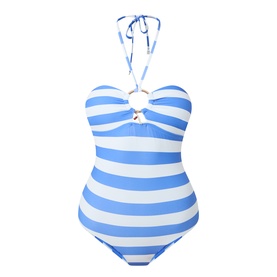 Sea Level denim blue and white stripe halterneck swimsuit with gold ring cutout detail at bust, bandeau style front