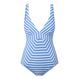 Sea Level denim blue and white stripe one-piece swimsuit with V-neckline, ruched bust detail and adjustable shoulder straps