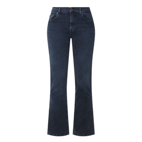 Seven Jeans Tailorless Mid-Rise Bootcut Jeans in dark blue denim with split unfinished hems, faded whiskering detail and five-pocket styling.