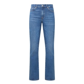 Seven Jeans blue bootcut jeans with five-pocket styling, mid-rise waist, and straight leg opening in stretch denim