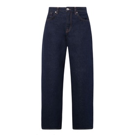 Dark indigo high-rise straight-leg jeans with five-pocket styling and silver-tone button fastening, flat lay