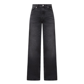 Seven Jeans black wide leg jeans with high waist, faded wash, and five-pocket styling in cotton-blend denim