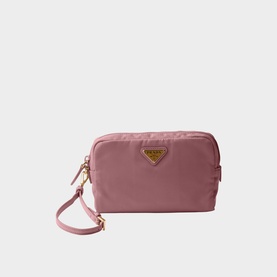 Prada Re-Nylon mini pouch in dusty pink with gold-tone triangle logo plaque and detachable wrist strap