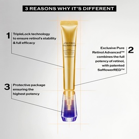 Shiseido Vital Perfection Pure Retinol Advanced cream tube with callouts highlighting TripleLock technology, Pure Retinol Advanced, and protective