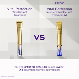 Shiseido Vital Perfection Intensive WrinkleSpot Treatment A+ shown in comparison to original version, highlighting 4x faster results in 1 week