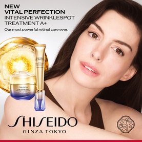 Shiseido Vital Perfection Intensive WrinkleSpot Treatment A+ retinol skincare range displayed with campaign model and product collection