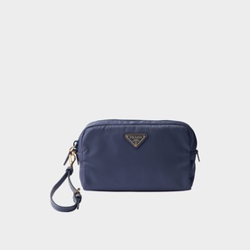 Prada Accessories blue nylon cosmetic pouch with gold-tone triangle logo plaque and wrist strap, zip closure