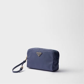 Prada Accessories blue nylon cosmetic pouch with gold-tone triangle logo plaque and wrist strap