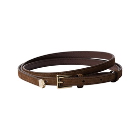 Dark brown narrow leather belt with gold-tone rectangular buckle, coiled flat against white background