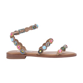 Steve Madden flat sandal in tan with multicolour gemstone embellishments, scalloped straps, and ankle strap detail