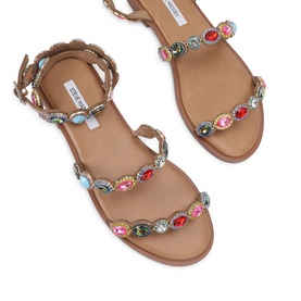 Steve Madden multi-coloured gem-embellished flat sandals with ankle strap and tan leather footbed, top-down view