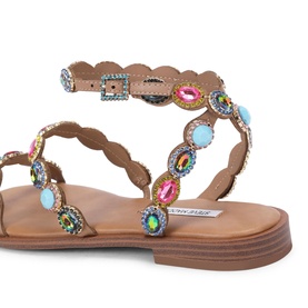 Steve Madden multi coloured jewel-embellished flat sandals with scalloped tan leather straps and buckle fastening, close-up detail