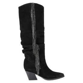 KG by Kurt Geiger black suede knee-high western boot with block heel and crystal chain fringe detail on shaft