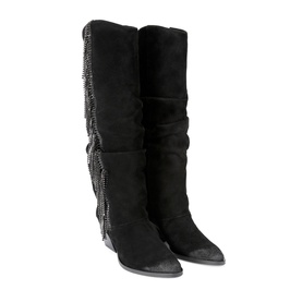 KG by Kurt Geiger black suede knee-high boots with chain embellishment along the side and pointed toe