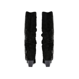 KG by Kurt Geiger black suede knee-high boots with crystal embellishment trim, block heel, rear view showing ruched shaft detail.