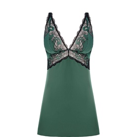Wacoal Modern Affair Chemise in green with black floral lace bodice, deep plunge neckline, and soft microfibre body