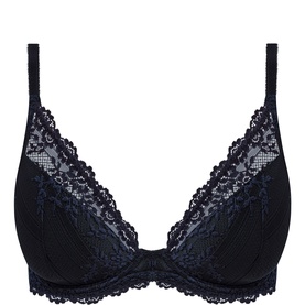 Wacoal Embrace Lace Plunge Bra in black with floral lace cups, scalloped trim, deep V-neckline and adjustable straps