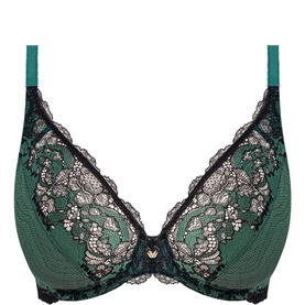 Wacoal Modern Affair Plunge Bra in green with black floral lace trim, high apex design, and gold-toned centre front charm