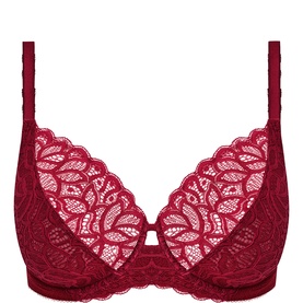 Wacoal Raffine Classic Underwired Bra in red, featuring soft floral lace, stretch lace top cup and three-section cups