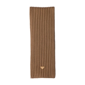 Emporio Armani camel ribbed knit scarf with gold-tone triangle logo badge, rectangular cut