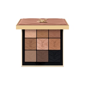 Yves Saint Laurent Couture Mini Clutch eyeshadow palette in warm nude tones, 9-pan grid, gold YSL logo compact