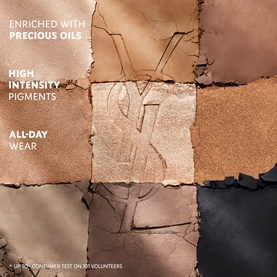 Yves Saint Laurent eye palette with six neutral bronze and charcoal shades, highlighting precious oils formula and all-day wear claims