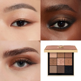 Two models wearing warm brown eyeshadow looks, alongside a 9-pan nude and bronze eyeshadow palette with gold YSL logo lid.