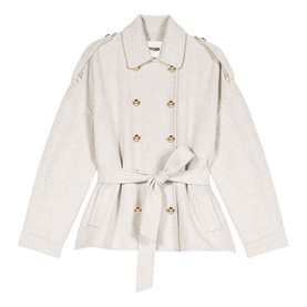 Maje metallic short double-breasted belted jacket with gold buttons and epaulette shoulders, cream-tone wool blend