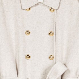 Maje Womens French Dress in metallic cream, double-breasted with gold lion-embossed buttons, close-up detail shot.
