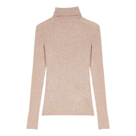 Maje turtleneck long-sleeve knit top in clear pink marl, slim fit with ribbed neckline and cuffs, flat lay view.