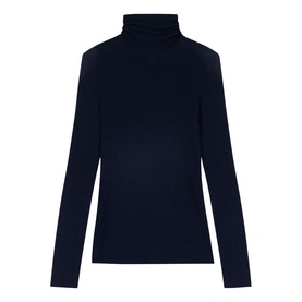 Maje navy blue long-sleeve ribbed turtleneck top, slim fit with fold-over collar