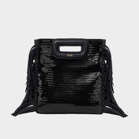 Maje black sequin mini bag with fringe detail, top handle, and silver-tone hardware