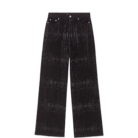 Maje wide-leg trousers in red with allover glitter stripe print and high-rise waist, laid flat
